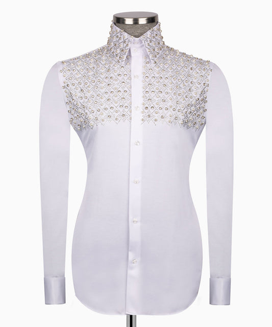Elegant White Shirt with Geometric Pattern and Stone Details - HandCrafted Shirts | Black Tuxedo Style
