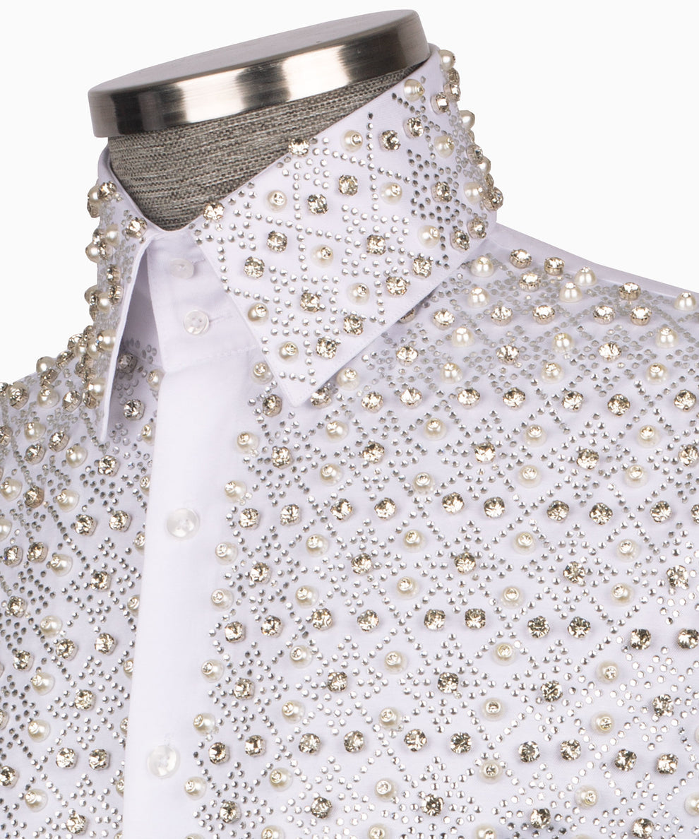 Elegant White Shirt with Geometric Pattern and Stone Details - HandCrafted Shirts | Black Tuxedo Style