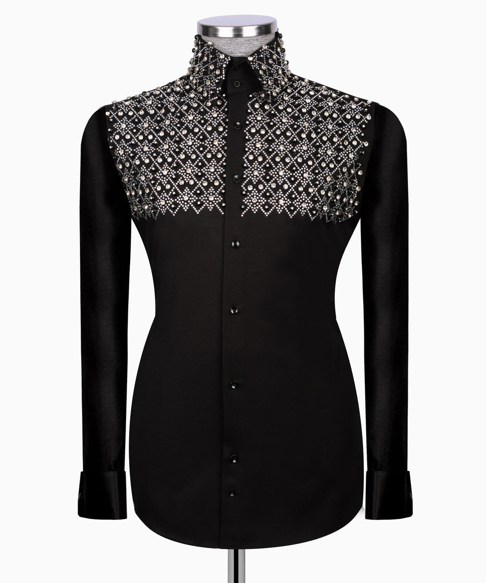 Elegant Black Shirt with Geometric Pattern and Stone Silver Details - HandCrafted Shirts | Black Tuxedo Style