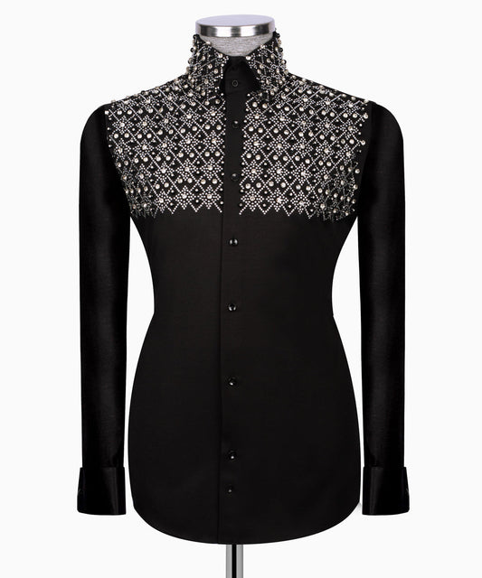 Elegant Black Shirt with Geometric Pattern and Stone Silver Details - HandCrafted Shirts | Black Tuxedo Style