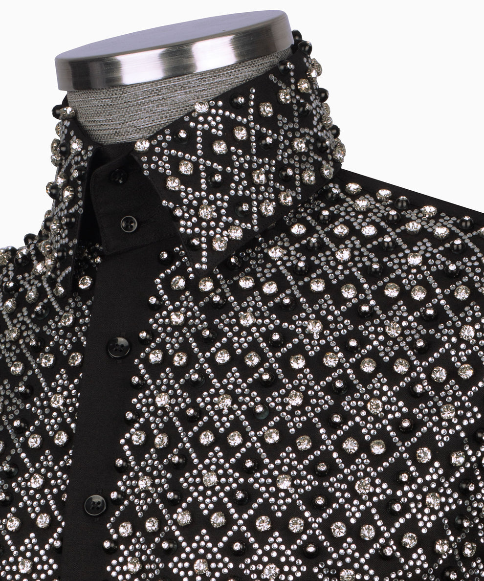 Elegant Black Shirt with Geometric Pattern and Stone Silver Details - HandCrafted Shirts | Black Tuxedo Style