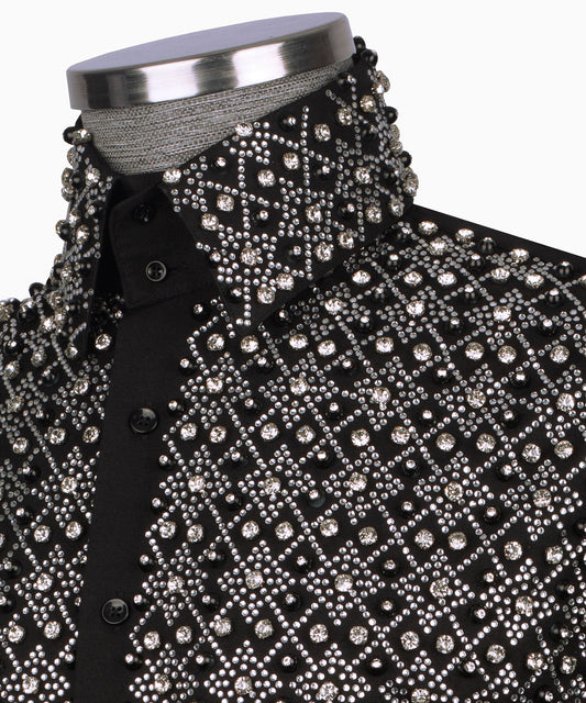 Elegant Black Shirt with Geometric Pattern and Stone Silver Details - HandCrafted Shirts | Black Tuxedo Style