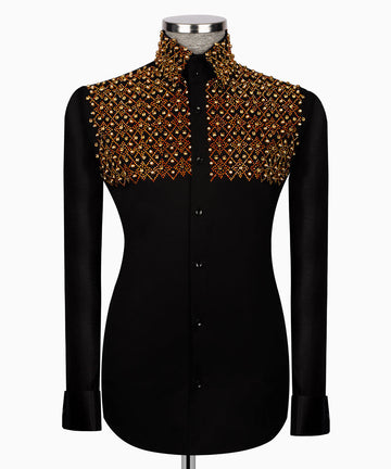 Elegant Black Shirt with Geometric Pattern and Stone Gold Details - HandCrafted Shirts | Black Tuxedo Style
