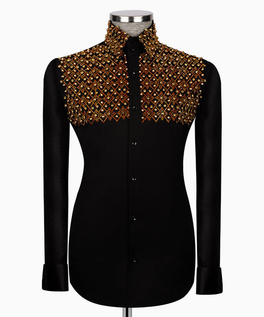 Elegant Black Shirt with Geometric Pattern and Stone Gold Details - HandCrafted Shirts | Black Tuxedo Style
