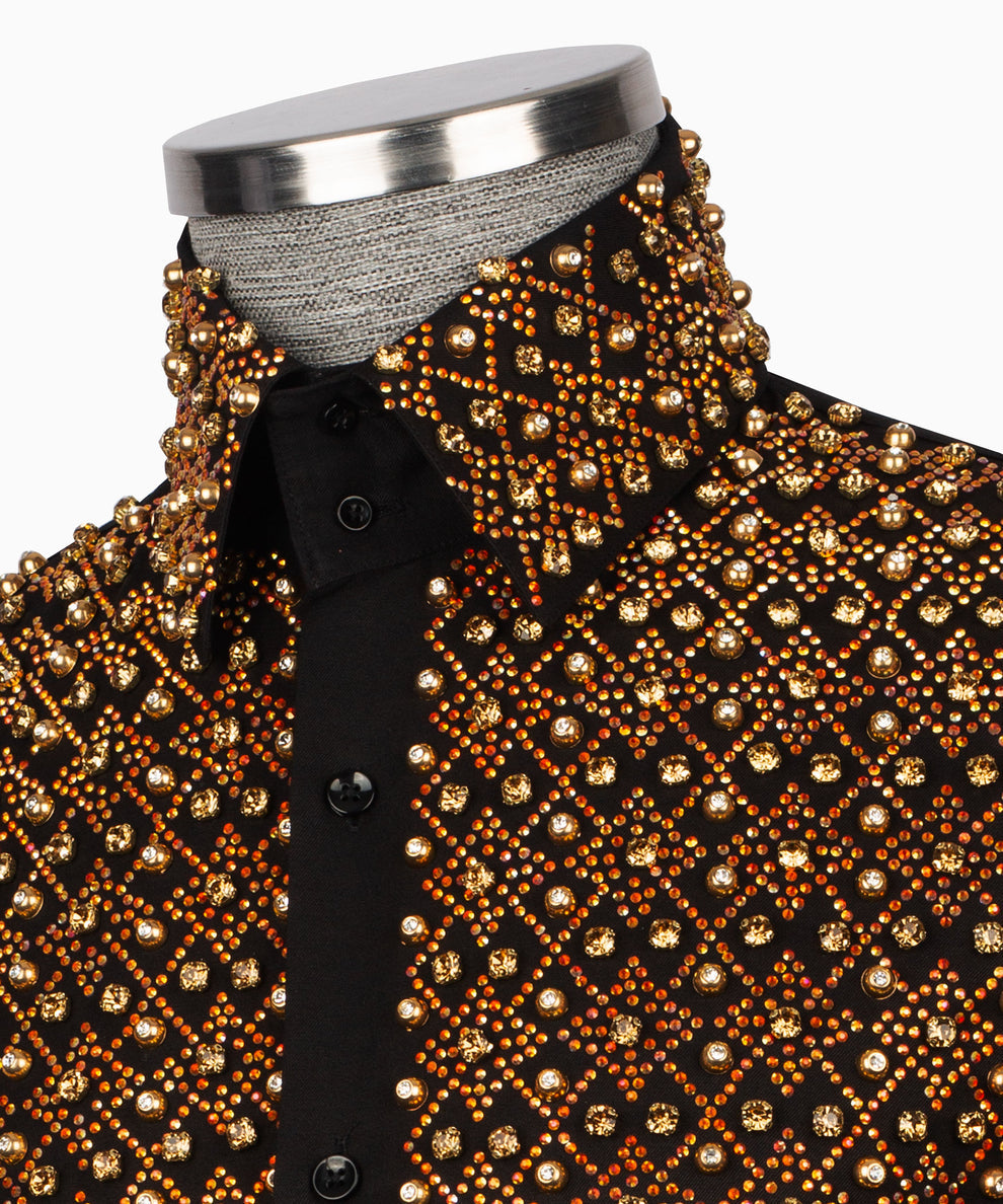 Elegant Black Shirt with Geometric Pattern and Stone Gold Details - HandCrafted Shirts | Black Tuxedo Style
