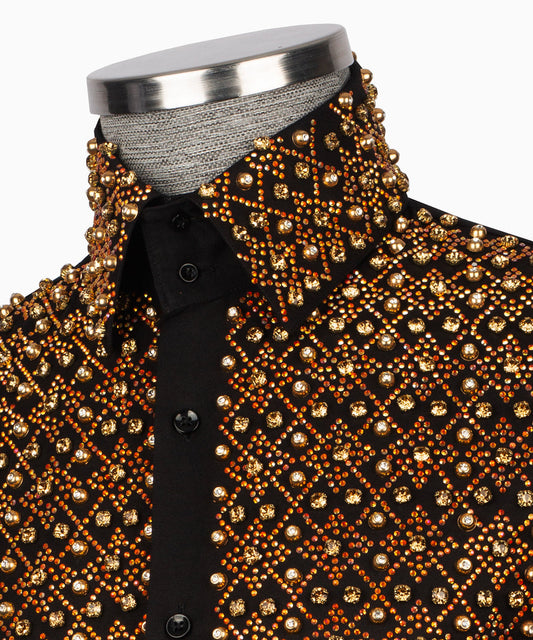 Elegant Black Shirt with Geometric Pattern and Stone Gold Details - HandCrafted Shirts | Black Tuxedo Style