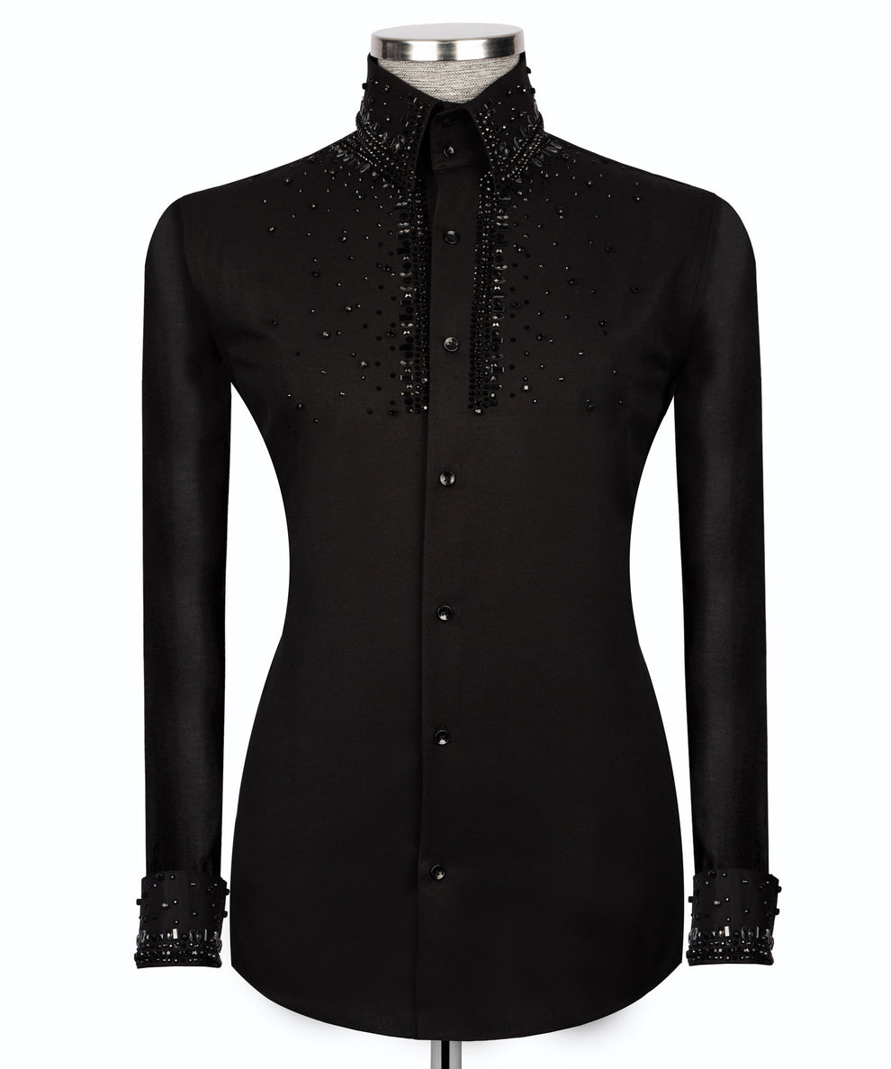 Black Shirt with Black Stone Vertical Stripe Details - HandCrafted Shirts | Black Tuxedo Style