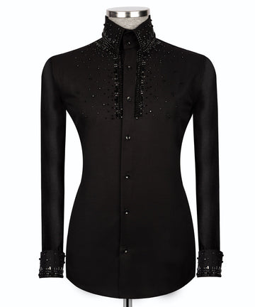Black Shirt with Black Stone Vertical Stripe Details - HandCrafted Shirts | Black Tuxedo Style