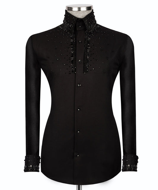 Black Shirt with Black Stone Vertical Stripe Details - HandCrafted Shirts | Black Tuxedo Style