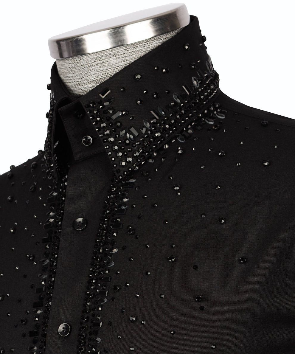 Black Shirt with Black Stone Vertical Stripe Details - HandCrafted Shirts | Black Tuxedo Style