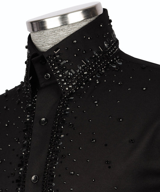 Black Shirt with Black Stone Vertical Stripe Details - HandCrafted Shirts | Black Tuxedo Style