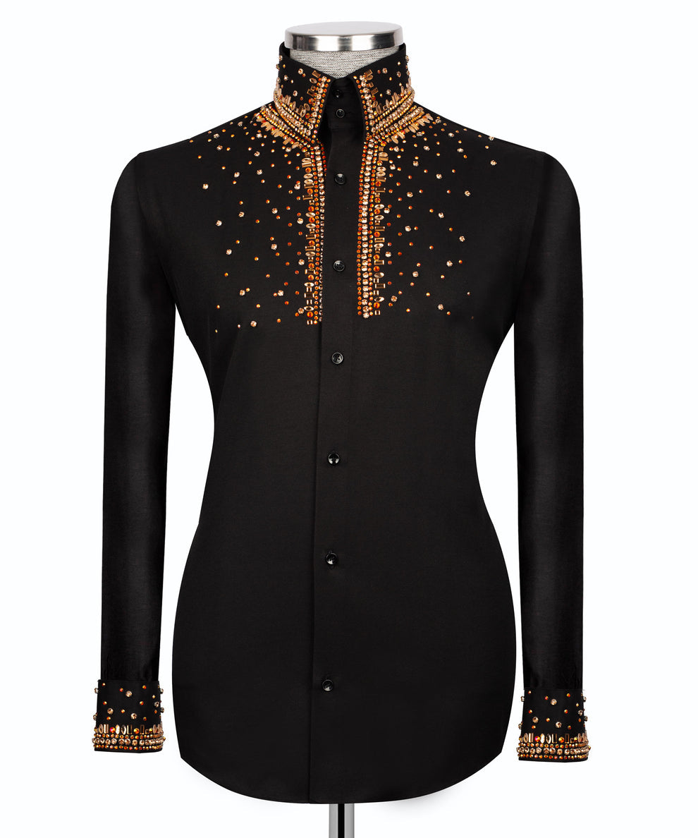 Black Shirt with Gold Stone Vertical Stripe Details - HandCrafted Shirts | Black Tuxedo Style