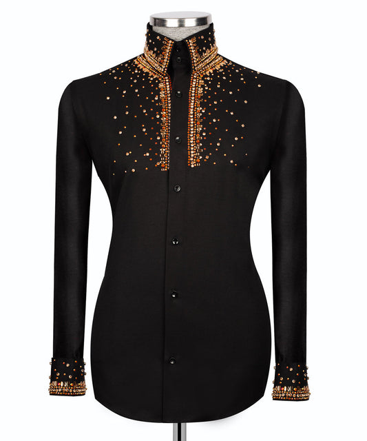 Black Shirt with Gold Stone Vertical Stripe Details - HandCrafted Shirts | Black Tuxedo Style