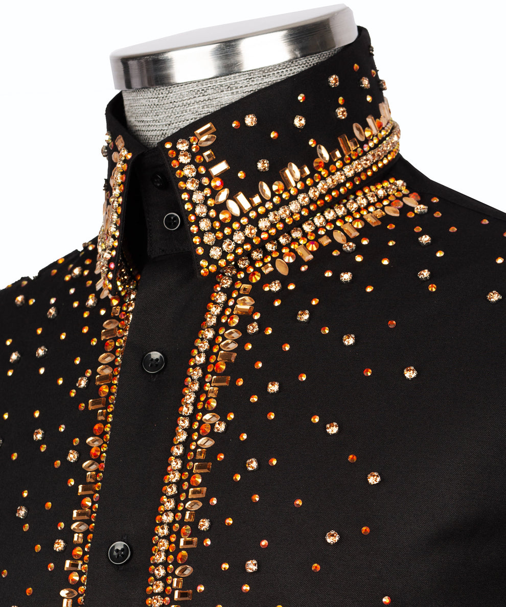 Black Shirt with Gold Stone Vertical Stripe Details - HandCrafted Shirts | Black Tuxedo Style