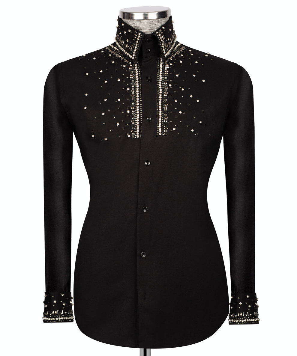 Black Shirt with Silver Stone Vertical Stripe Details - HandCrafted Shirts | Black Tuxedo Style
