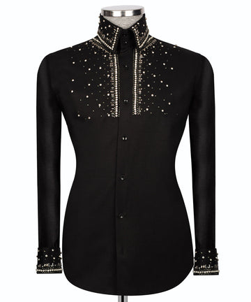 Black Shirt with Silver Stone Vertical Stripe Details - HandCrafted Shirts | Black Tuxedo Style