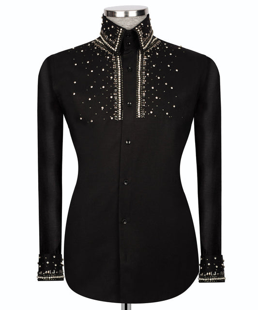 Black Shirt with Silver Stone Vertical Stripe Details - HandCrafted Shirts | Black Tuxedo Style
