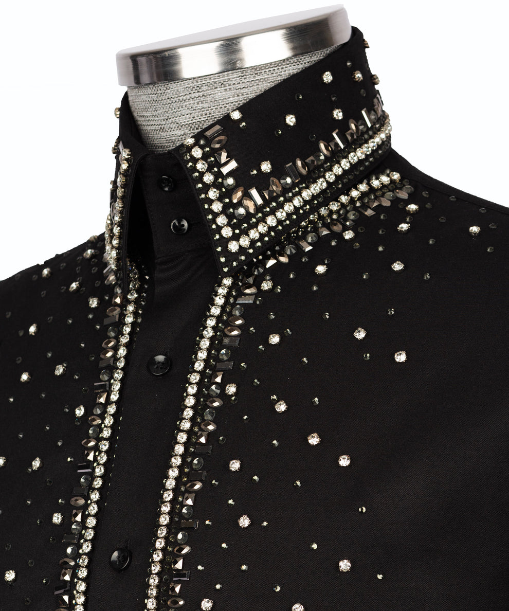 Black Shirt with Silver Stone Vertical Stripe Details - HandCrafted Shirts | Black Tuxedo Style