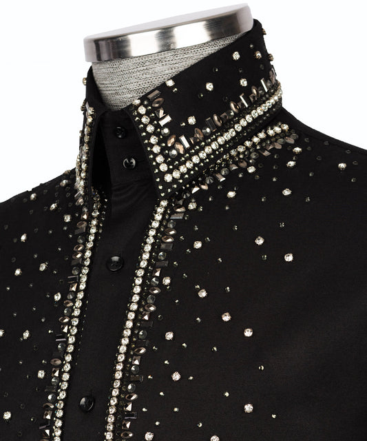 Black Shirt with Silver Stone Vertical Stripe Details - HandCrafted Shirts | Black Tuxedo Style