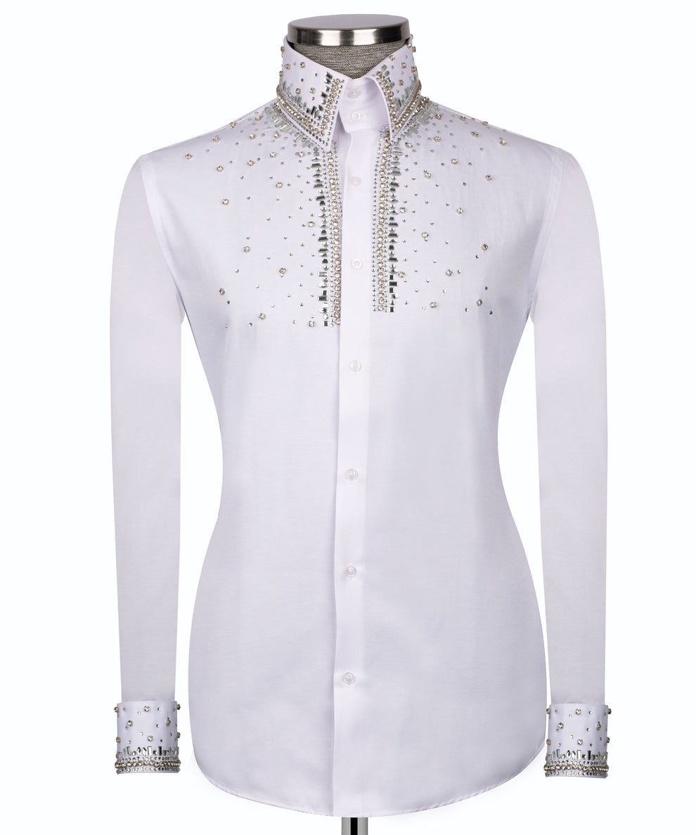 Elegant White Shirt with Sİlver Stone Vertical Stripe Details - HandCrafted Shirts | Black Tuxedo Style