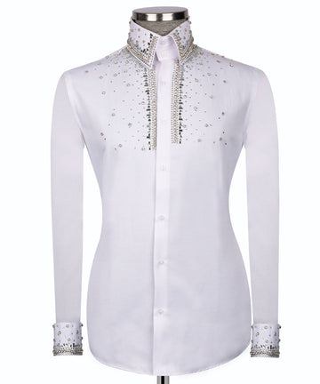 Elegant White Shirt with Sİlver Stone Vertical Stripe Details - HandCrafted Shirts | Black Tuxedo Style