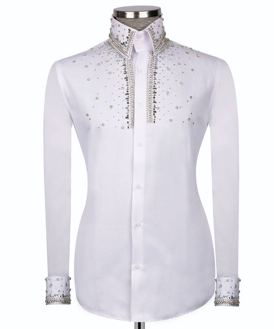 Elegant White Shirt with Sİlver Stone Vertical Stripe Details - HandCrafted Shirts | Black Tuxedo Style