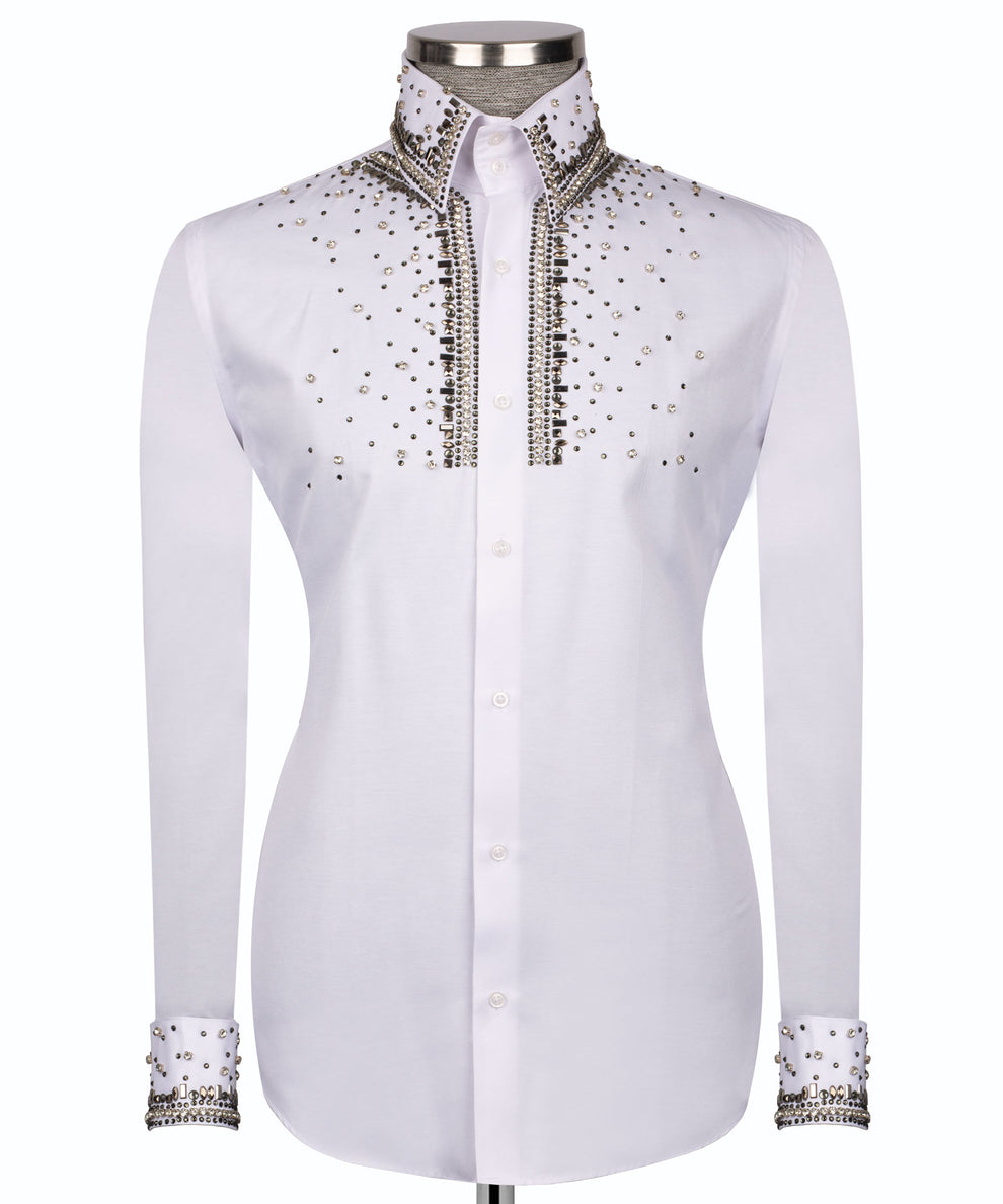 Elegant White Shirt with Sİlver Stone Vertical Stripe Details - HandCrafted Shirts | Black Tuxedo Style