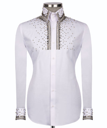 Elegant White Shirt with Sİlver Stone Vertical Stripe Details - HandCrafted Shirts | Black Tuxedo Style