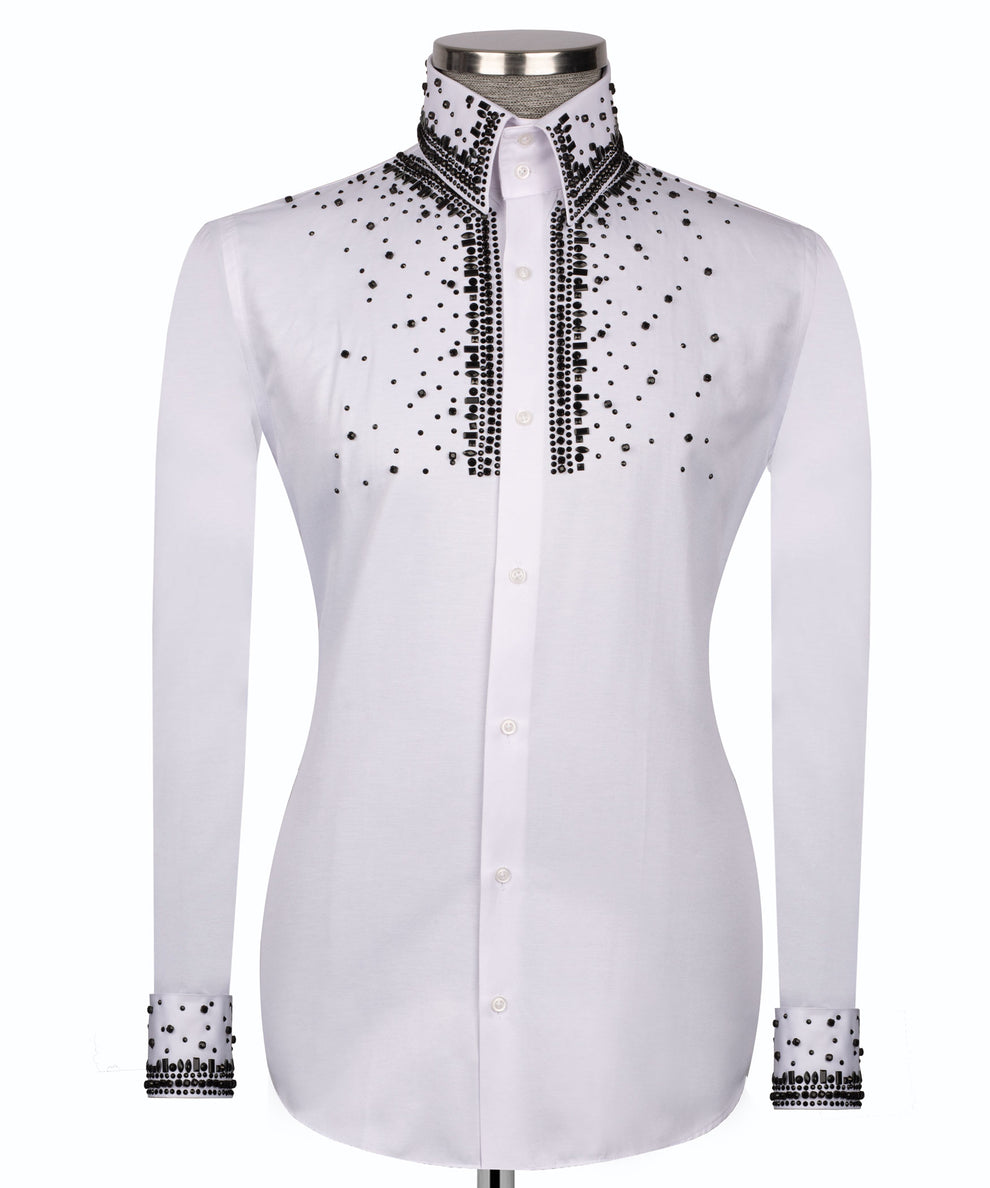 Elegant White Shirt with Black Stone Vertical Stripe Details - HandCrafted Shirts | Black Tuxedo Style