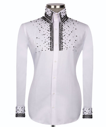 Elegant White Shirt with Black Stone Vertical Stripe Details - HandCrafted Shirts | Black Tuxedo Style