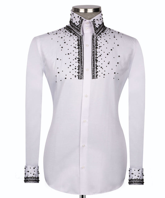 Elegant White Shirt with Black Stone Vertical Stripe Details - HandCrafted Shirts | Black Tuxedo Style