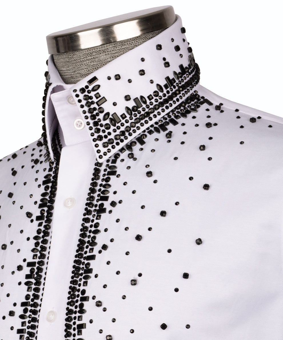 Elegant White Shirt with Black Stone Vertical Stripe Details - HandCrafted Shirts | Black Tuxedo Style