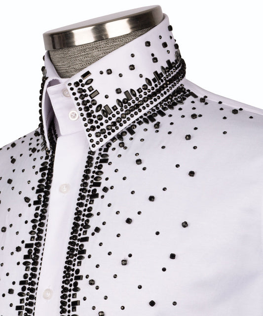 Elegant White Shirt with Black Stone Vertical Stripe Details - HandCrafted Shirts | Black Tuxedo Style