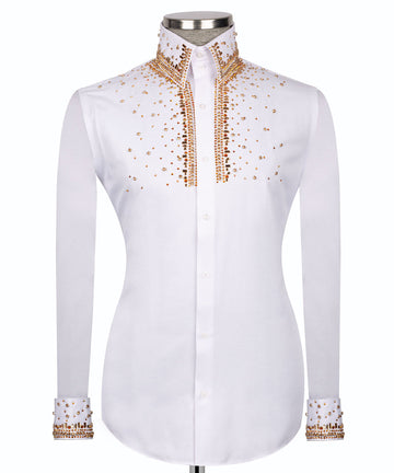 Elegant White Shirt with Gold Stone Vertical Stripe Details - HandCrafted Shirts | Black Tuxedo Style