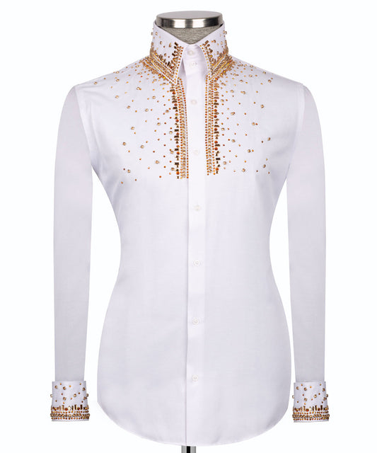 Elegant White Shirt with Gold Stone Vertical Stripe Details - HandCrafted Shirts | Black Tuxedo Style
