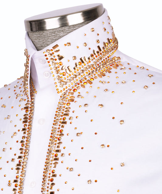 Elegant White Shirt with Gold Stone Vertical Stripe Details - HandCrafted Shirts | Black Tuxedo Style