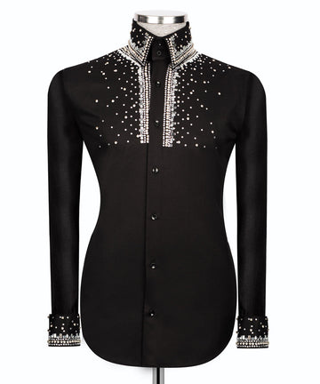 Elegant Black Shirt with Silver Stone Vertical Stripe Details - HandCrafted Shirts | Black Tuxedo Style