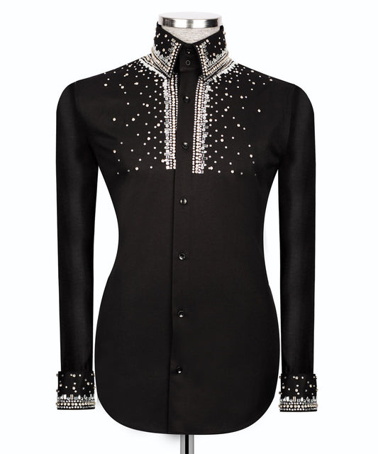 Elegant Black Shirt with Silver Stone Vertical Stripe Details - HandCrafted Shirts | Black Tuxedo Style