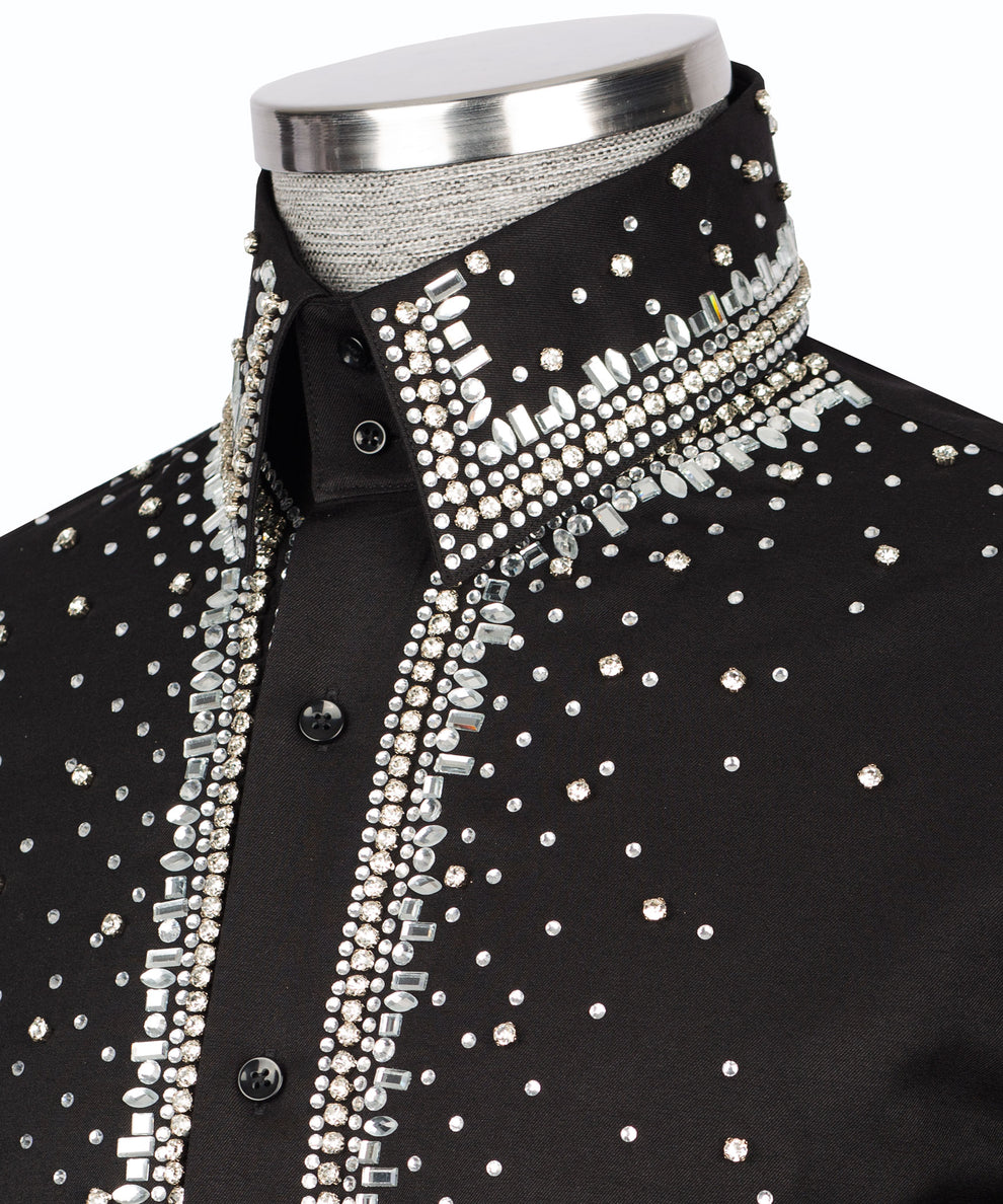 Elegant Black Shirt with Silver Stone Vertical Stripe Details - HandCrafted Shirts | Black Tuxedo Style