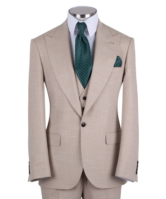 Sand wool blend three-piece suit for men with jacket, vest, and trousers