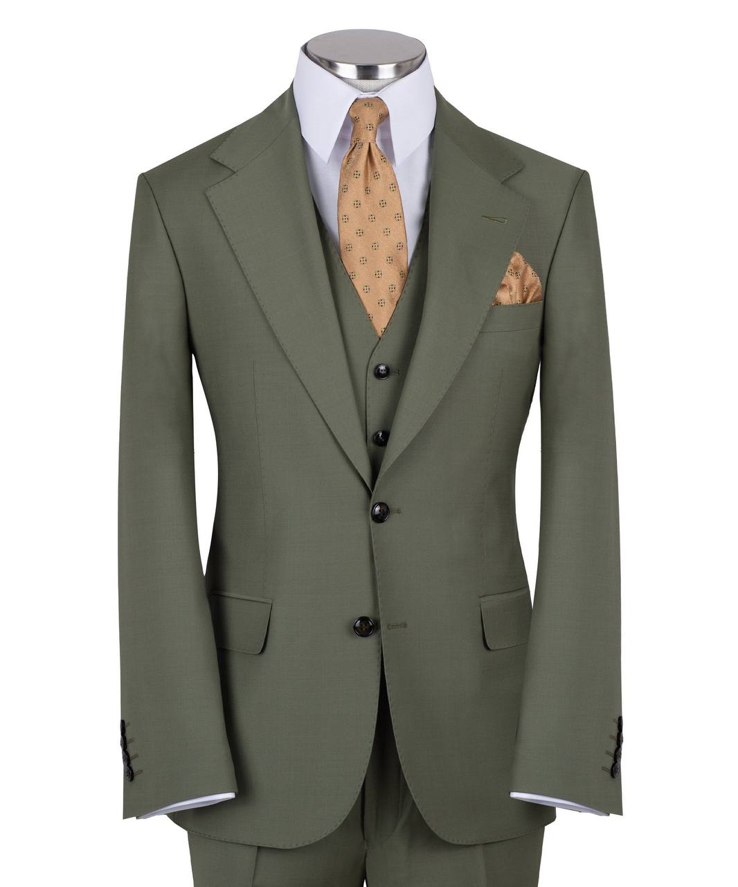 Olive green three-piece suit for men with jacket, vest, and trousers