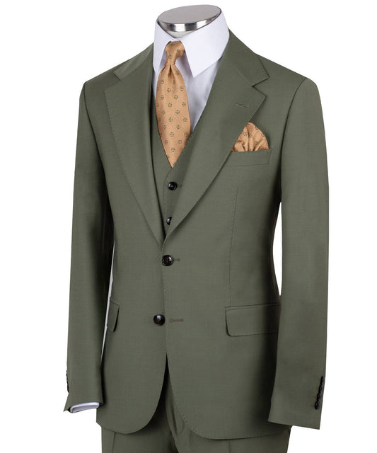 Olive green three-piece suit for men with jacket, vest, and trousers