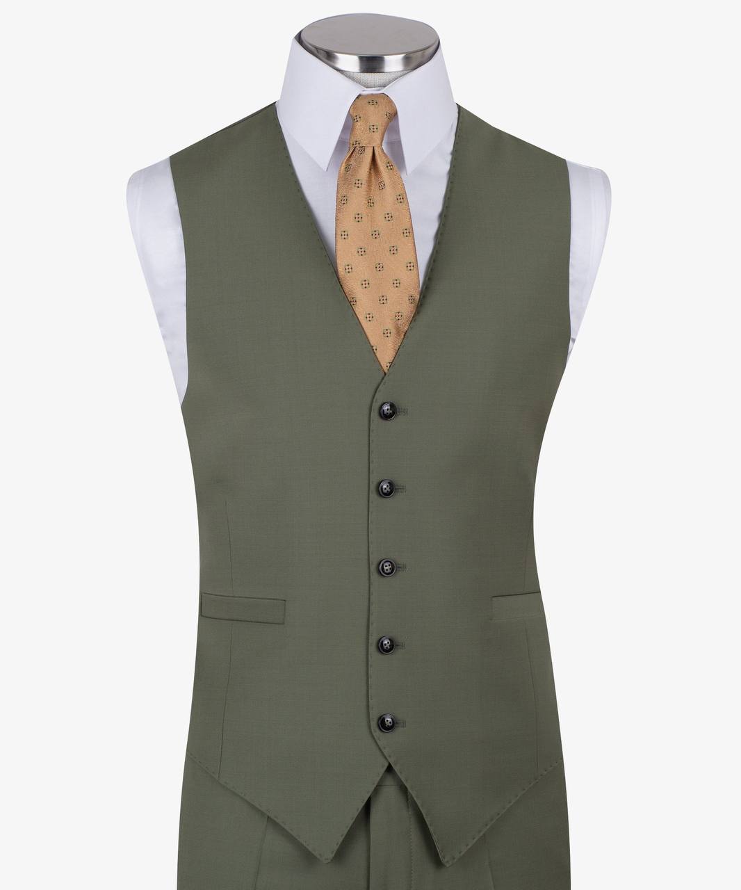 Olive green three-piece suit for men with jacket, vest, and trousers