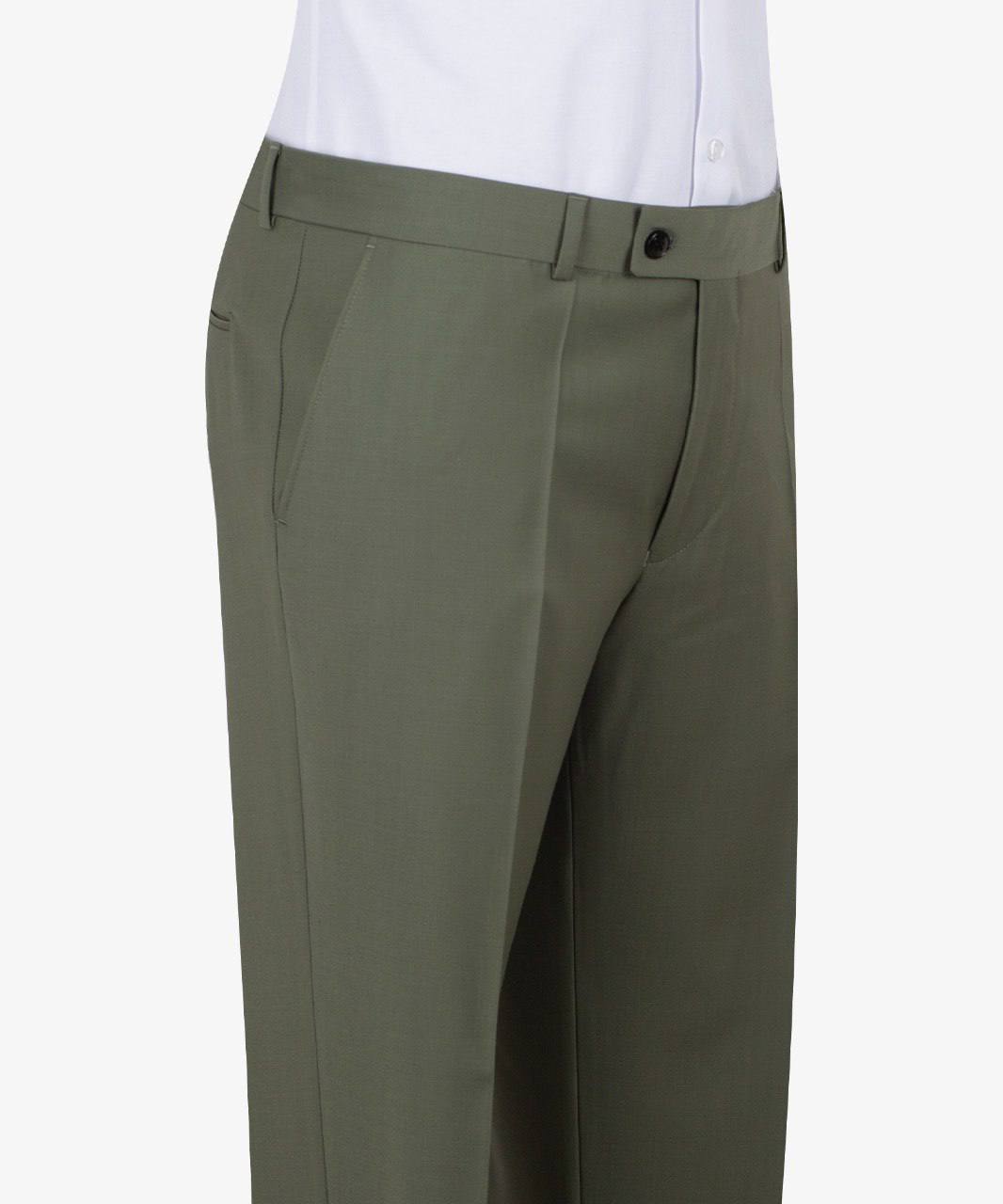 Olive green three-piece suit for men with jacket, vest, and trousers