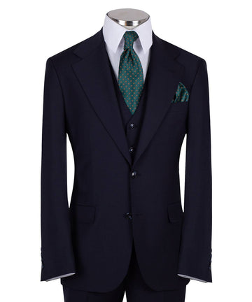 Navy blue three-piece suit for men with jacket, vest, and trousers
