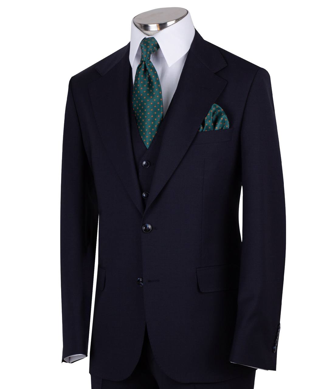 Navy blue three-piece suit for men with jacket, vest, and trousers