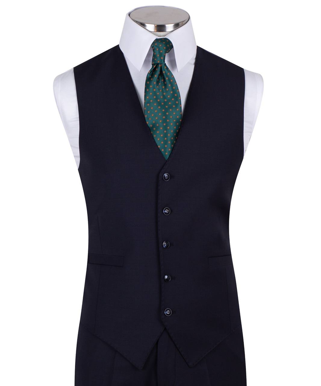 Navy blue three-piece suit for men with jacket, vest, and trousers