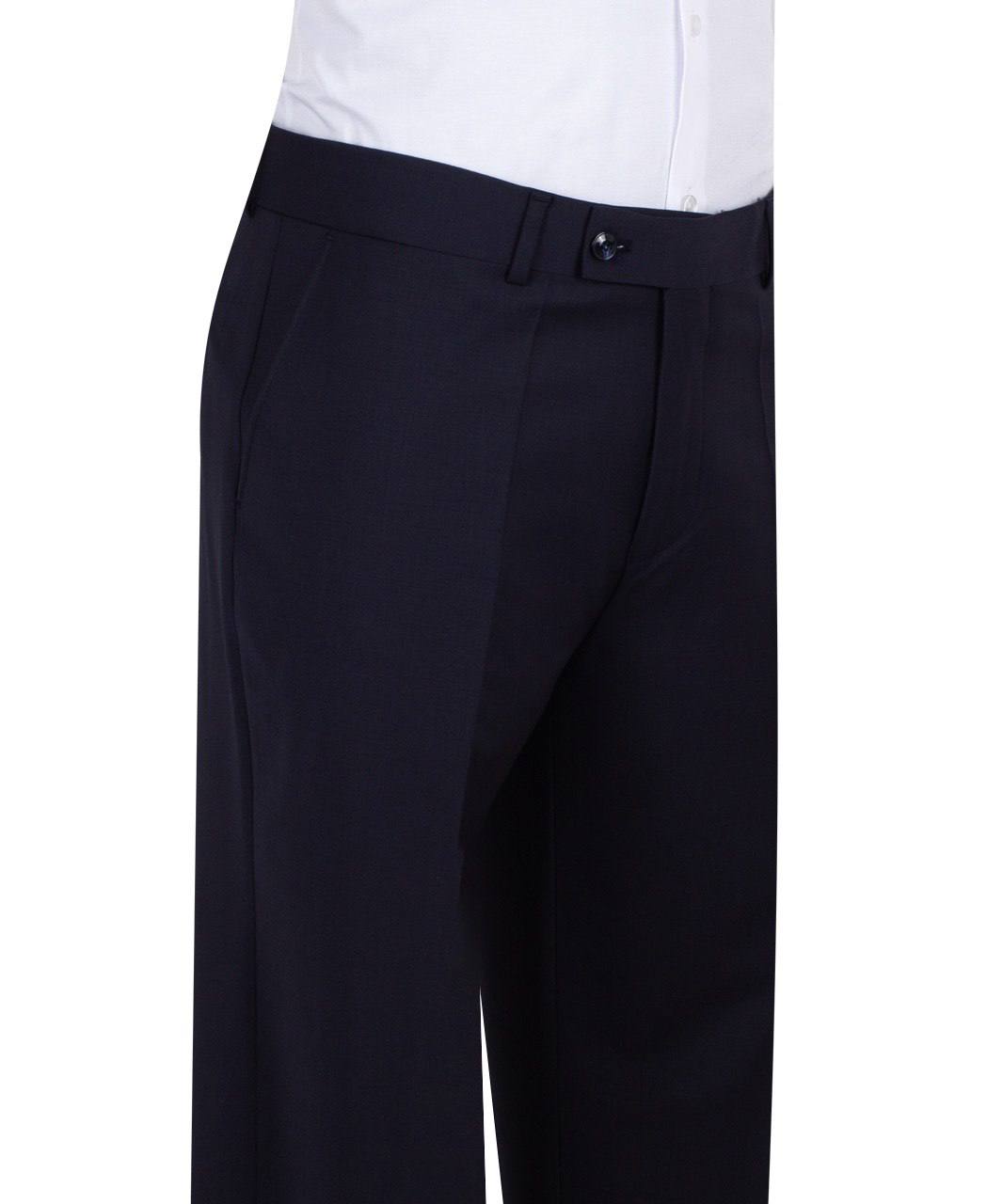 Navy blue three-piece suit for men with jacket, vest, and trousers