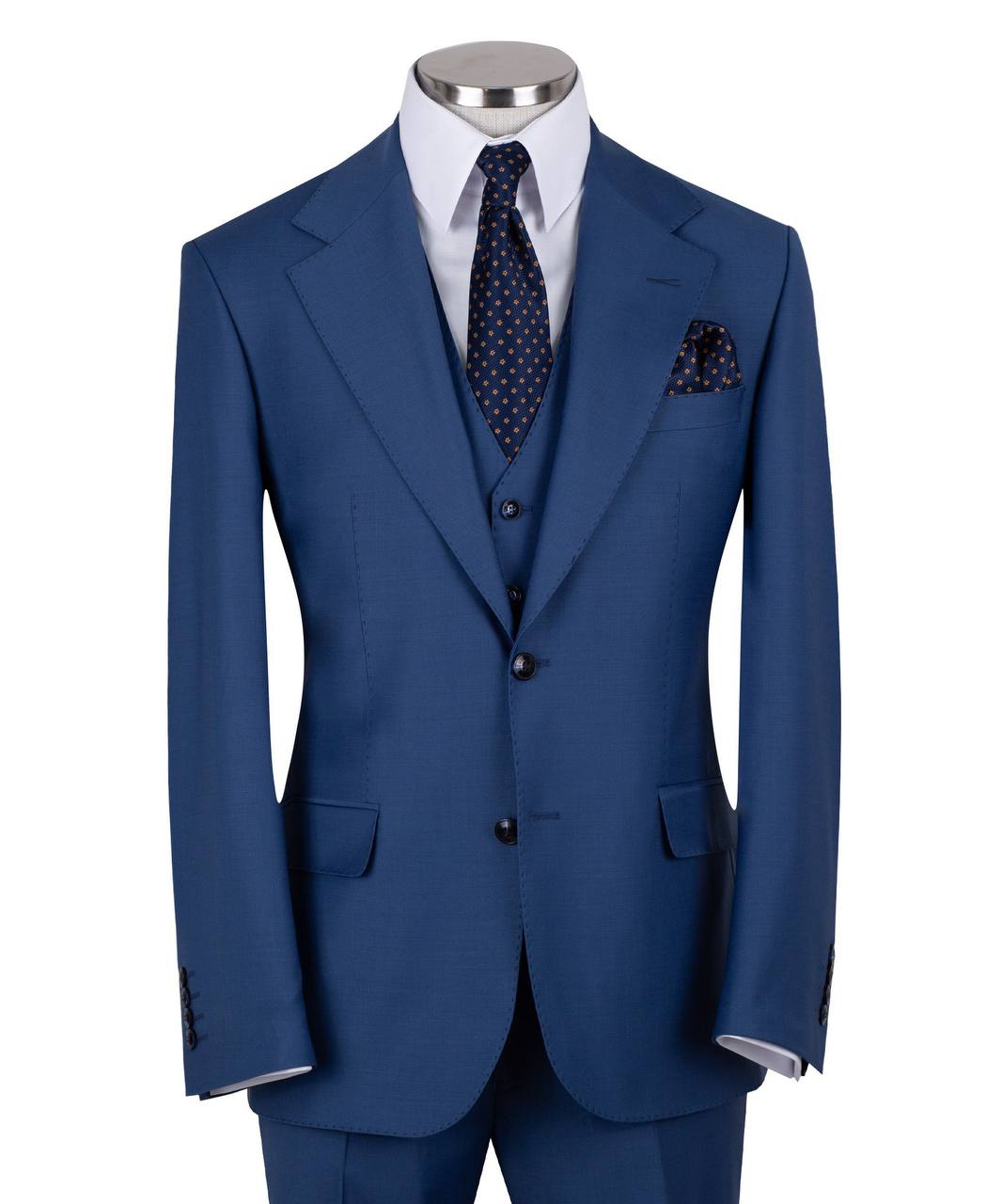 Steel blue three-piece suit for men with jacket, vest, and trousers