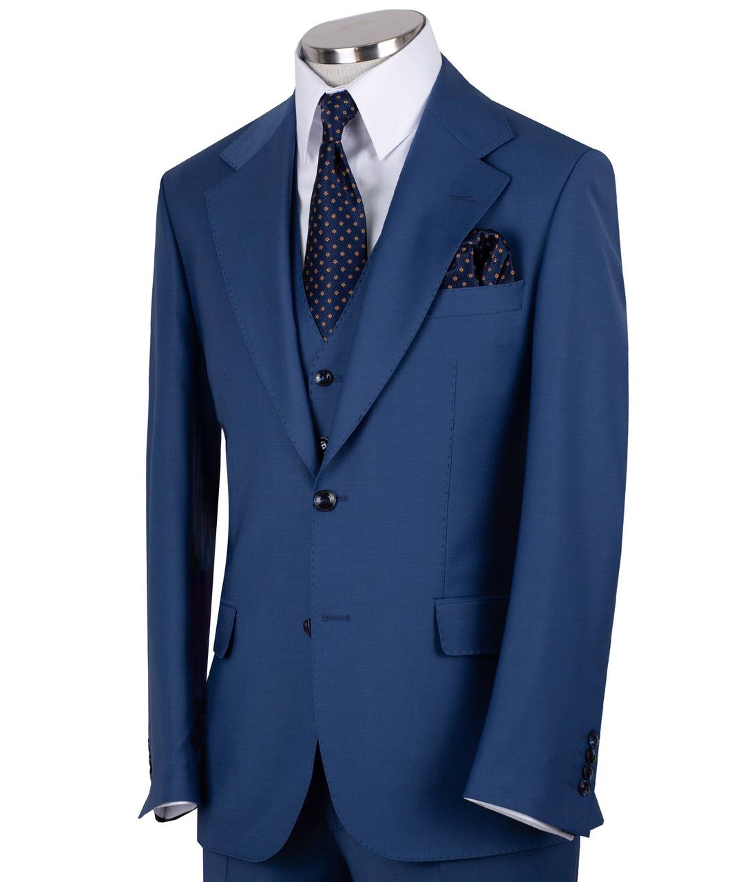 Steel blue three-piece suit for men with jacket, vest, and trousers